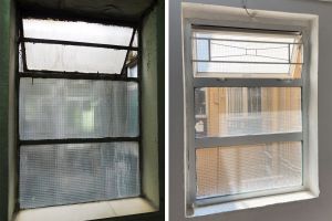 After rehabilitation, windows with rusty frames (photo on the left) in the corridors of Kam Ling Court have been replaced (photo on the right). 