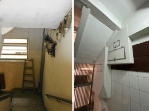 The original electrical wiring and electric meters (photo on the left) in the staircases have been re-organised and covered with fire rated board (photo on the right).