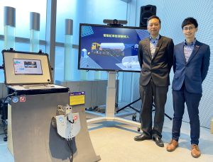 Senior Engineer (Gas Standards) of the EMSD, Mr CHEUNG Chin-king (left), and Engineer (Gas Standards), Mr WONG Chun-yin, Anson (right), tell us that the intelligent Tanker Robot can measure the thickness of the tanker wall and inspect the integrity of the welding joints. It helps shorten the time of tanker inspection and can improve the occupational safety performance of the industry.