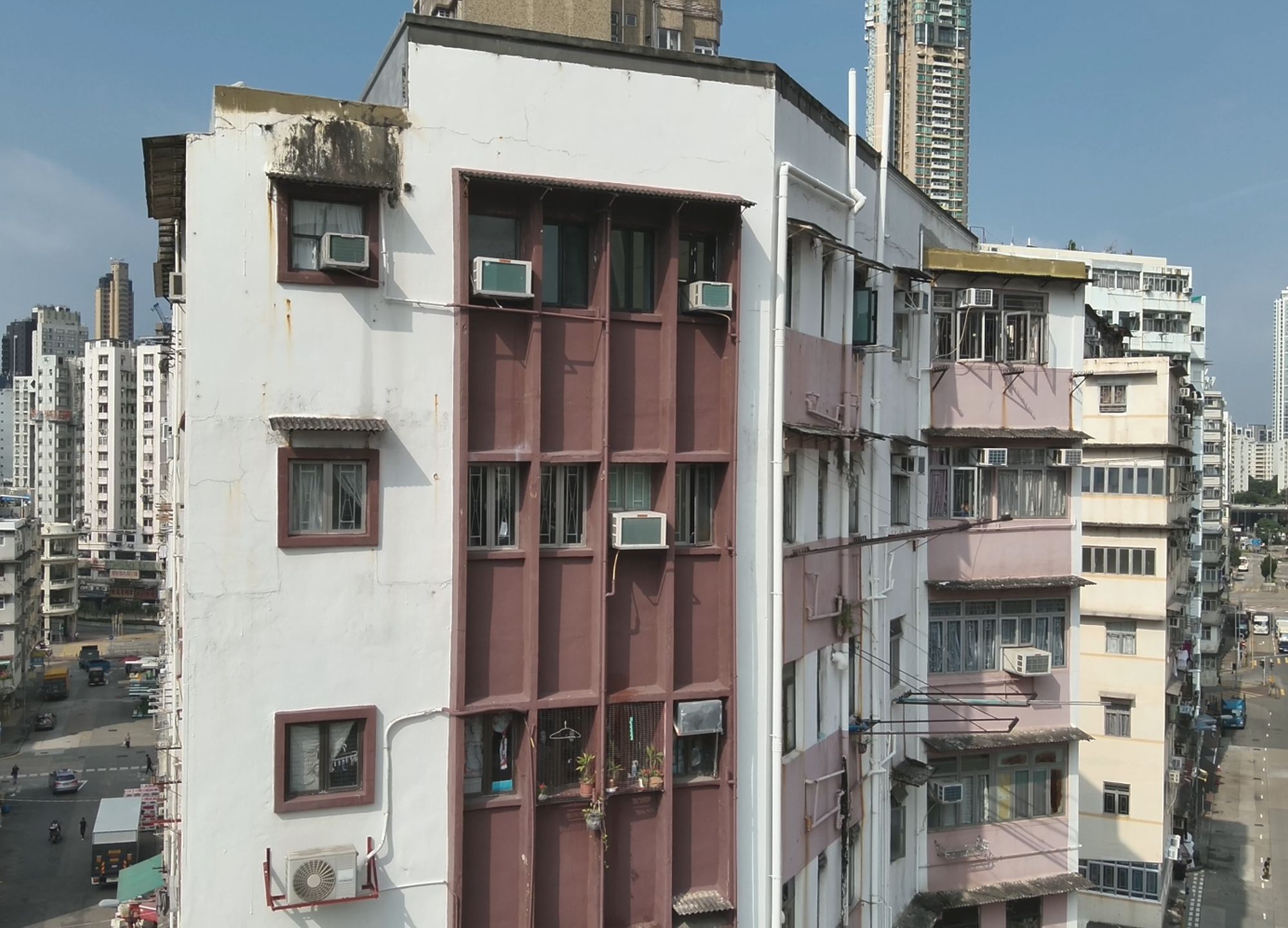 Pictured is the image of a building’s external walls taken by a drone.