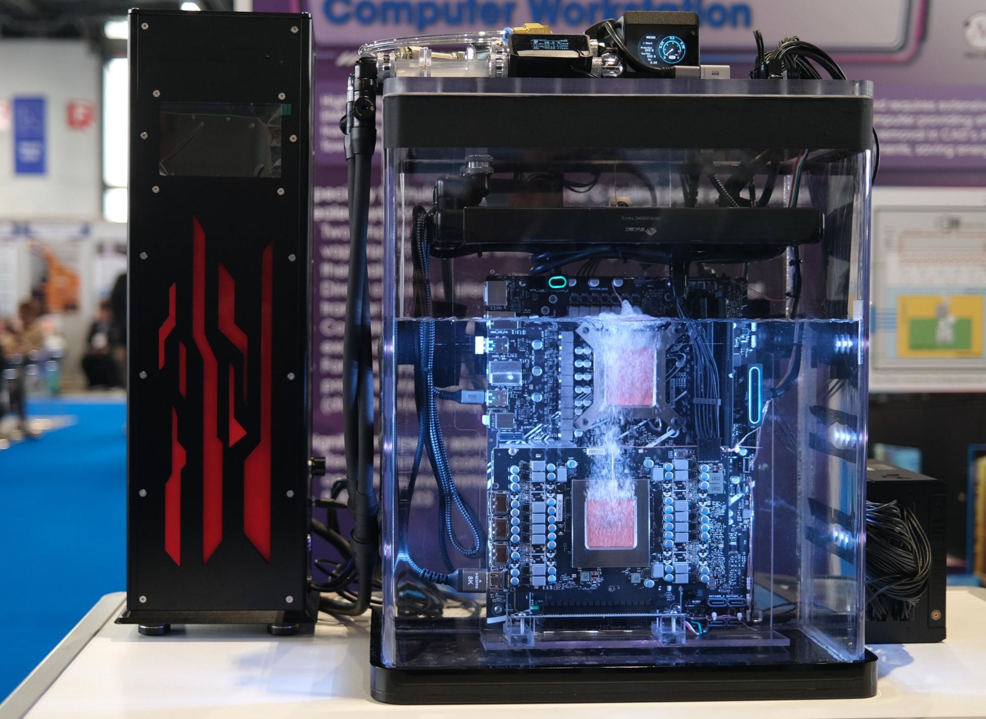 The cooling system immerses heat-generating computer components in a sealed container filled with a non-conductive, low-boiling-point coolant, allowing heat to dissipate through vaporisation.  This technology not only allows efficient heat dissipation to enable computers to operate at higher room temperatures, but also enhances equipment performance and extends its lifespan while reducing energy consumption required for heat dissipation through air conditioning in the past.