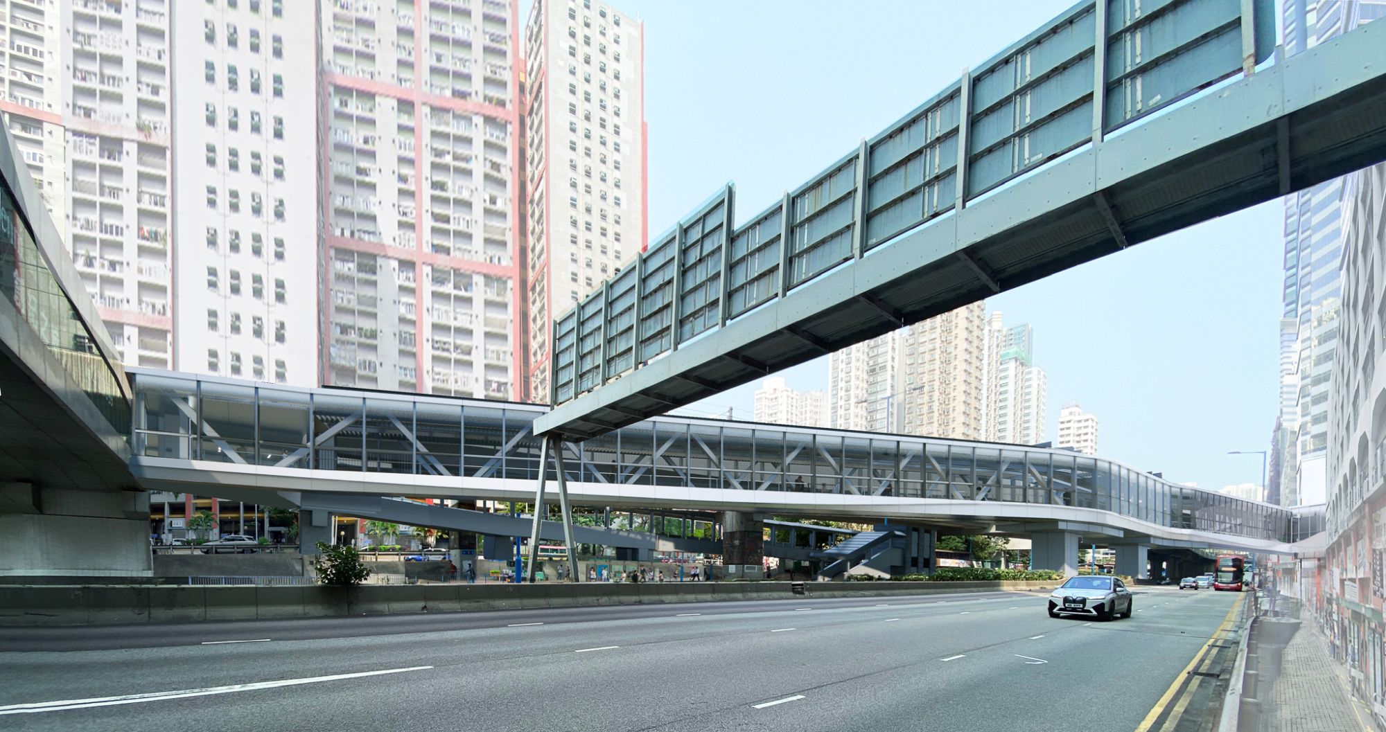 The footbridge connects to The Millennium, a commercial building on How Ming Street, via Millennium City 1 near Ngau Tau Kok MTR Station. The rendering is provided by private sector and is for reference only.