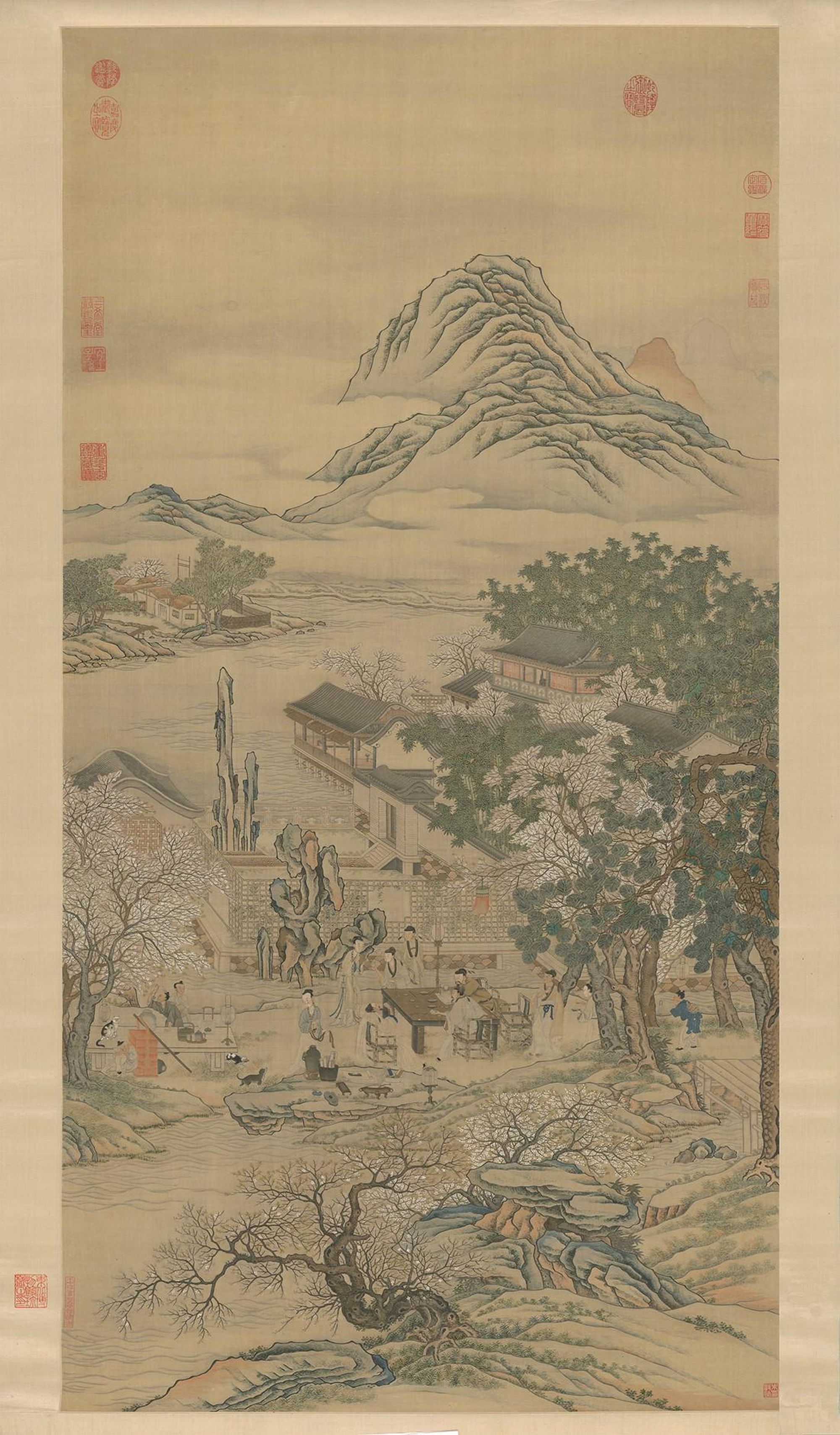 圖示緙絲李白《春夜宴桃李園序》立軸，展現唐代文人風雅生活。