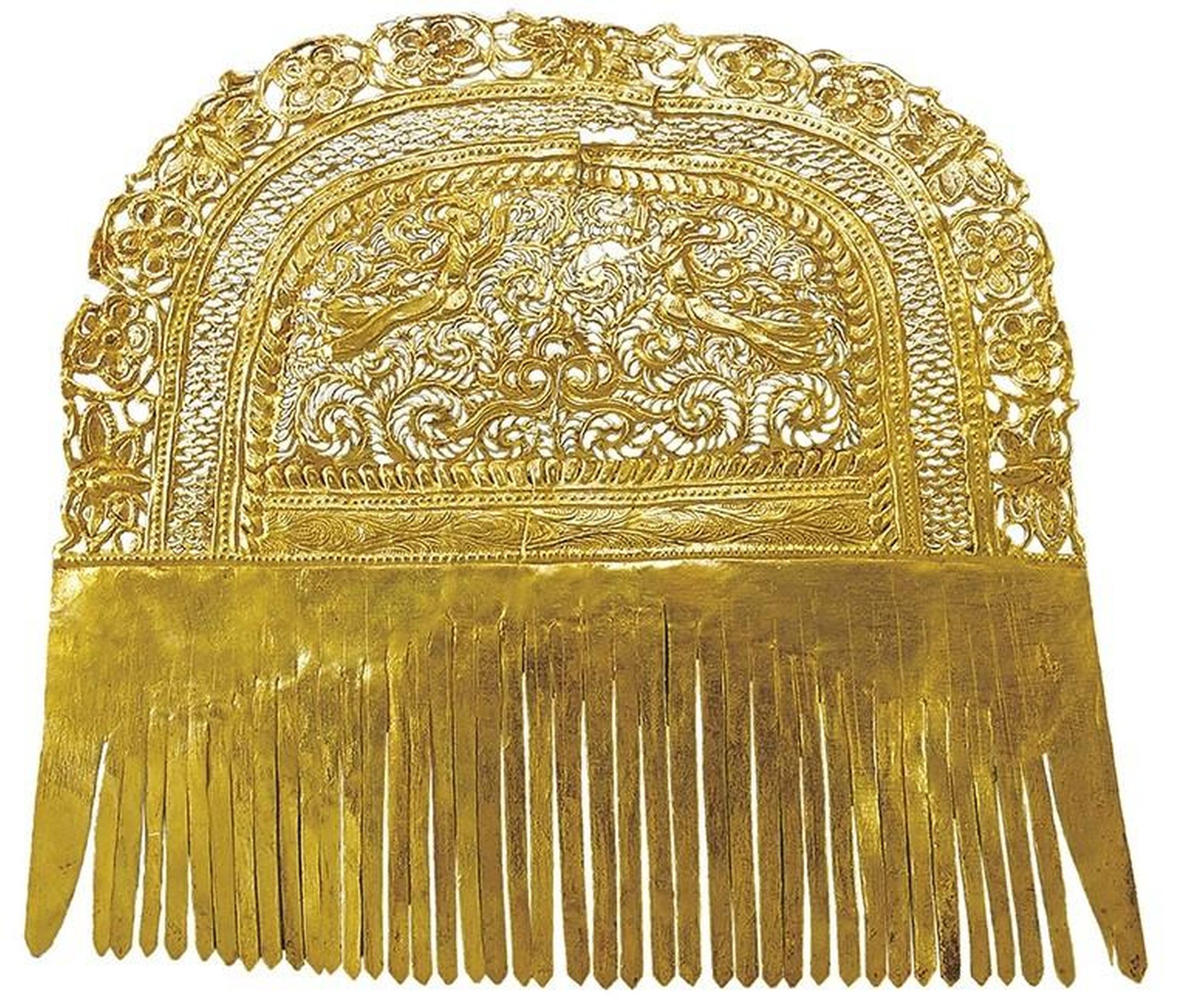 圖示以薄金片鏤空鏨刻而成的金櫛頭飾。