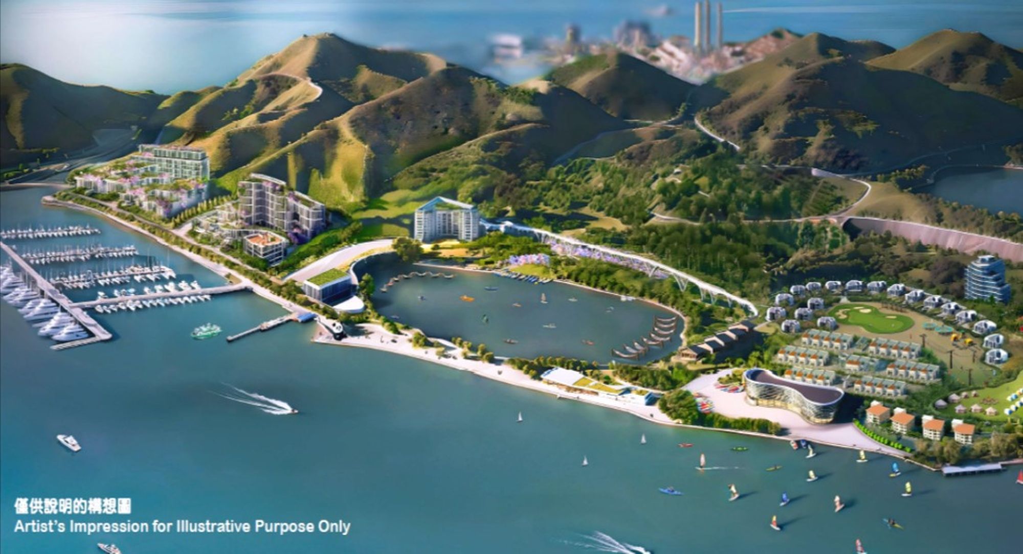 為配合香港未來遊艇經濟的發展，發展局正牽頭推動前南丫石礦場、香港仔避風塘擴建部分及紅磡站臨海用地三個項目，預計將可合共提供約600個新遊艇泊位。圖示前南丫石礦場構想圖。