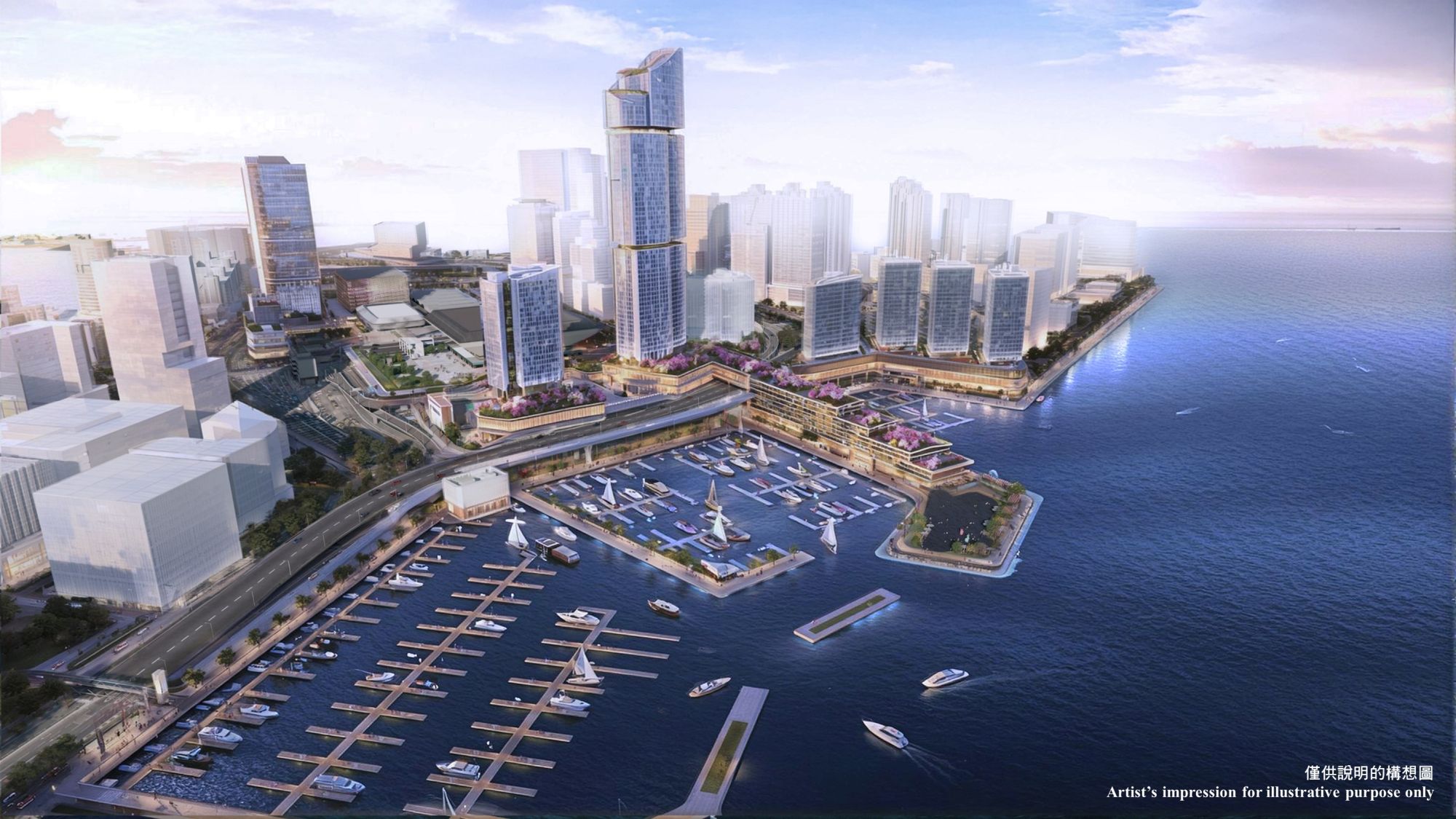 為配合香港未來遊艇經濟的發展，發展局正牽頭推動前南丫石礦場、香港仔避風塘擴建部分及紅磡站臨海用地三個項目，預計將可合共提供約600個新遊艇泊位。圖示紅磡站臨海用地構想圖。