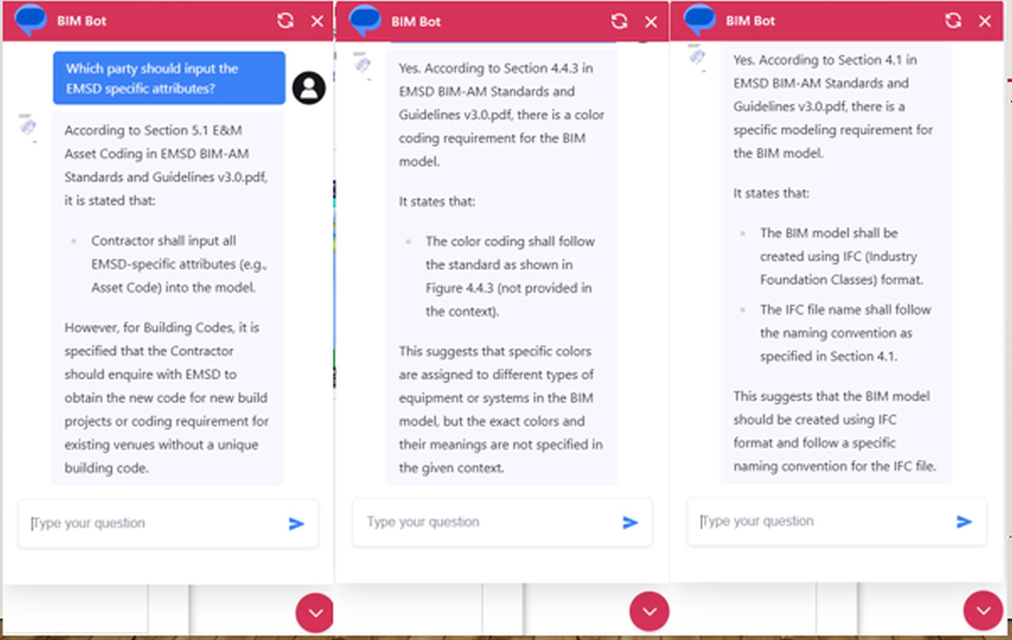 機電工程署亦正研究於政府場地內已備有BIM模型的機電設備，利用聊天機器人及大型語言模型，協助工程人員只需讀出語音指令，即可於數秒內快速由BIM模型及技術文件中搜尋所需資料。圖示模擬介面。