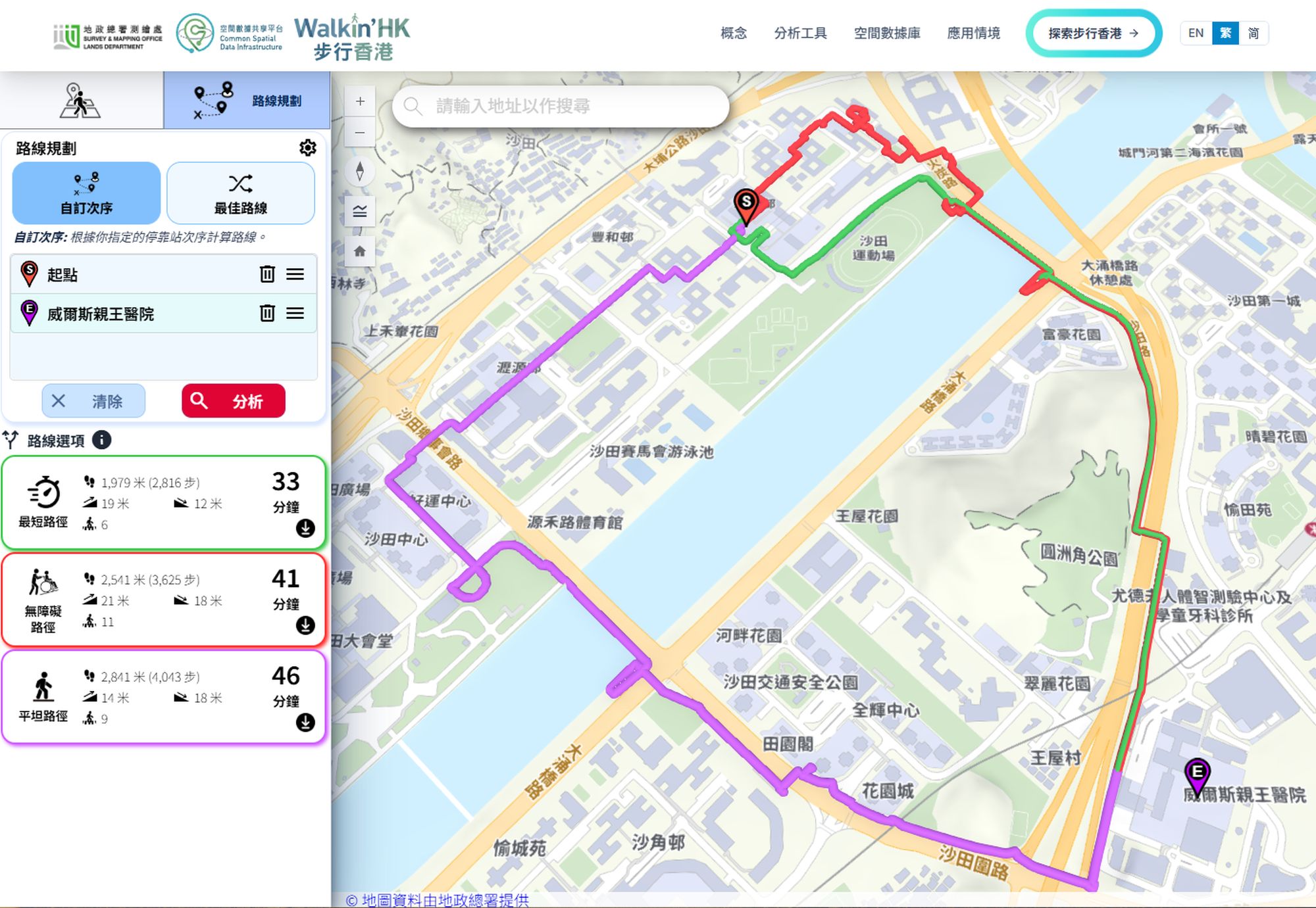 市民可透過「步行香港」選取步行時間、距離、速度等資料，繼而應用程式會列出步行範圍內的各類設施，市民亦可因應需要，揀選最短路徑、無障礙路徑及較平坦舒適的路線。