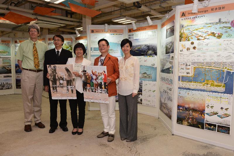 The Head of the Energizing Kowloon East Office (EKEO), Ms Brenda Au (centre); the Deputy Head of the EKEO, Ms Winnie Ho (first right); the Professional Adviser to the Kai Tak Fantasy - International Ideas Competition on Urban Planning and Design, Mr Ivan Ho (second right); the Director of M21, Mr James Mok (second left); and the Director of the Social Sciences Research Centre of the University of Hong Kong, Professor John Bacon-Shone (first left), attend the press briefing on the Kai Tak Fantasy - International Ideas Competition on Urban Planning and Design today (June 5).