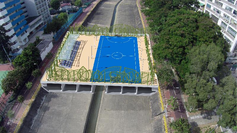 The Signature Project Scheme in Sha Tin undertaken by the Civil Engineering and Development Department was presented with a Highly Commended Award in the NEC Project of the Year category by New Engineering Contract of the United Kingdom in London on June 20 (London time). Picture shows a photomontage of the five-a-side soccer pitch to be built over the existing Tai Wai Nullah under the Scheme.