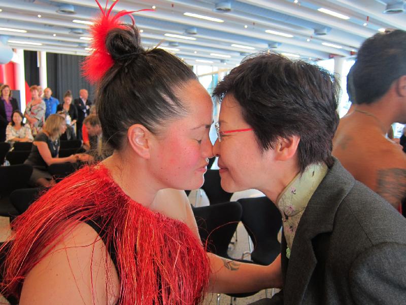 Representing all waterfront leaders, Mrs Lam attended a traditional welcoming ceremony, Powhiri, yesterday (March 28). (Image)