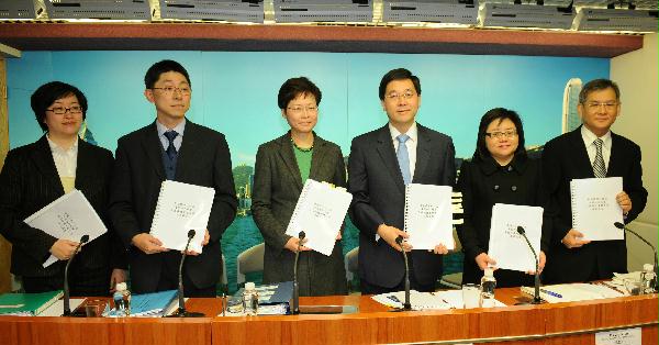The Government announced the plan for the HKSAR's second stage reconstruction support work in Sichuan's earthquake-stricken areas at a press conference today (January 22). Photo shows the officials who attended the press conference: (From left) the Principal Assistant Secretary for Food and Health, Miss Pamela Lam Nga-man; the Acting Deputy Secretary for Education, Mr Daniel Cheng Chung-wai; the Secretary for Development, Mrs Carrie Lam; the Secretary for Constitutional and Mainland Affairs, Mr Stephen Lam; the Deputy Secretary for Home Affairs, Ms Grace Lui; and the Deputy Director of Social Welfare, Mr Fung Pak-yan.