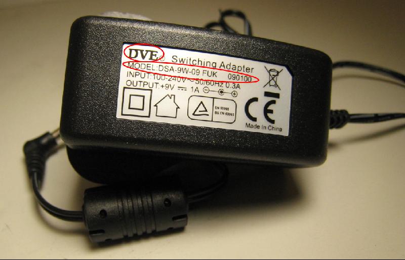 Recalled power adaptor of model "DSA-9W-09FUK 090100".
