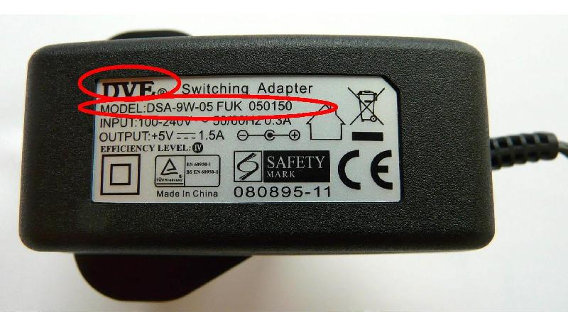 Recalled power adaptor of model "DSA-9W-05FUK 050150".