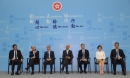 Principal Officials of the fifth term of the Hong Kong Special Administrative Region Government (from left), the Secretary for Development (designate), Mr Michael Wong Wai-lun; the Secretary for Transport and Housing (designate), Mr Frank Chan Fan; the Secretary for Home Affairs (designate), Mr Lau Kong-wah; the Secretary for the Environment (designate), Mr Wong Kam-sing; the Secretary for Labour and Welfare (designate), Mr Law Chi-kwong; the Secretary for Food and Health (designate), Professor Sophia Chan Siu-chee; and the Secretary for Education (designate), Mr Kevin Yeung Yun-hung, meet the media today (June 21).