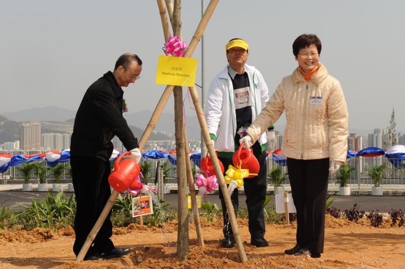 The Secretary for Development, Mrs Carrie Lam (right), planting a tree at a Community Planting Day ceremony in Shui Chuen O, Sha Tin, today (March 14) with the Director of Civil Engineering and Development, Mr Chai Sung-veng (left) and Chairman of Sha Tin District Council, Mr Wai Kwok-hung.