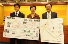 The Secretary for Development, Mrs Carrie Lam, held a press conference today (October 13) on the development of  Kowloon East as outlined in the 2011-12 Policy Address. Also present at the press conference are the Permanent Secretary for Development (Planning and Lands), Mr Thomas Chow (left), and the Permanent Secretary for Development (Works), Mr Wai Chi-sing. 