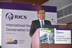 发展局局长陈茂波今日（一月九日）在「英国皇家特许测量师学会文物保育国际研讨会2015」开幕典礼上致辞。