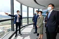 The Chief Executive, Mrs Carrie Lam, visited the Shenzhen-Hong Kong Innovation and Technology Co-operation Zone in Shenzhen today (August 26). Photo shows Mrs Lam (second right) being briefed on the latest developments of the Shenzhen Innovation and Technology Zone. Looking on are Deputy Director of the Hong Kong and Macao Affairs Office of the State Council Mr Zhang Xiaoming (first right) and the Mayor of the Shenzhen Municipal Government, Mr Chen Rugui (third right).
