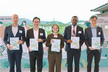 The Civil Engineering and Development Department and the Agriculture, Fisheries and Conservation Department jointly held the promulgation ceremony of the Hong Kong Nature-based Solutions Design Guidelines today (March 3), promoting the application of Nature-based Solutions to address societal challenges. Photo shows (from left) the Director of Civil Engineering and Development, Mr Michael Fong; the Under Secretary for Development, Mr David Lam; the Under Secretary for Environment and Ecology, Miss Diane Wong; the Global Head of Nature-based Solutions Centre of the International Union for Conservation of Nature, Mr Charles Karangwa; and the Director of Agriculture, Fisheries and Conservation, Mr Mickey Lai, at the ceremony.