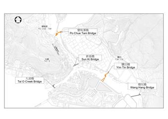 The Tai O Yim Tin Bridge and the Po Chue Tam Bridge (the Twin Bridges) will open to the public tomorrow (May 4). Photo shows the locations of the Twin Bridges.