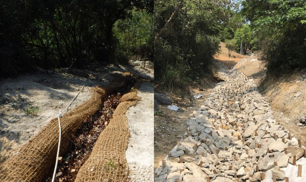 上羗山的工程项目有创新的可持续特色，例如把现场被移除的喷浆混凝土，用作碎石排水道，避免产生拆建物料。