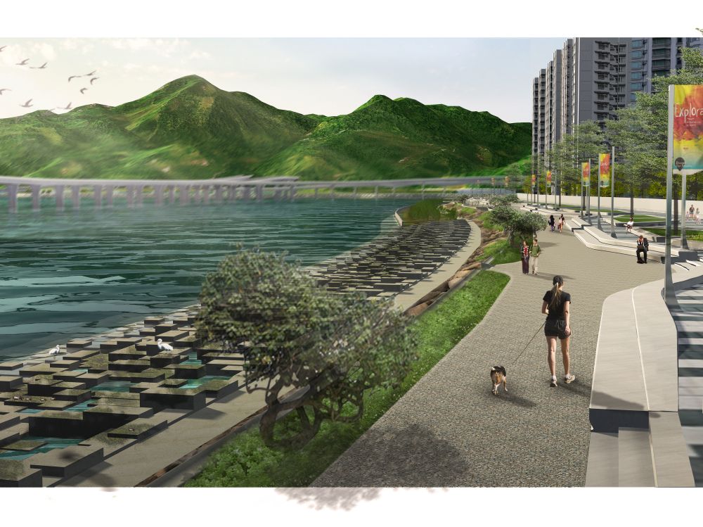 可持续大屿办事处正积极推行多方面的工作，包括在东涌东扩展区建造海滨长廊，并引入生态海岸线，未来更会在东涌河建设河畔公园。图为生态海岸线的构想图。