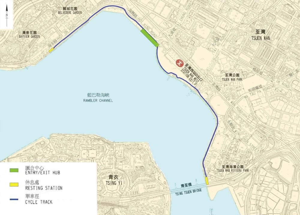 荃湾海滨段新单车径沿荃湾海滨公园至湾景花园对出的海旁兴建，长约2.3公里，给市民多一个消闲、康乐的选择。
