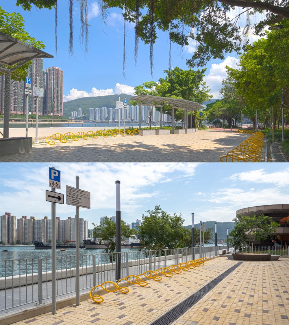 荃湾海滨段单车径设有两个休息处，分别位于荃湾海滨公园（上图）及湾景花园（下图）对出的海旁。