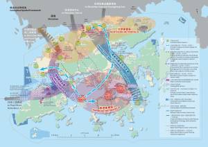 行政长官在《施政报告》提出的「双城三圈」，「双城」是香港和深圳；「三圈」即由西至东分别为深圳湾优质发展圈、港深紧密互动圈和大鹏湾╱印洲塘生态康乐旅游圈。