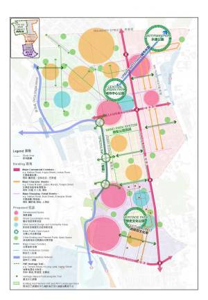 按市建局刚完成的「油旺研究」，整个研究区分为五个「市区更新潜力地区」，并寻找具地区特色的地点，以建立「发展节点」，例如图中的「旺角东水渠道城市水道」。