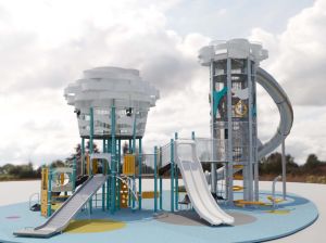 未来启德跑道公园会加推设施，如空中吊索及充满历奇体验的儿童游乐设施（构想图）。