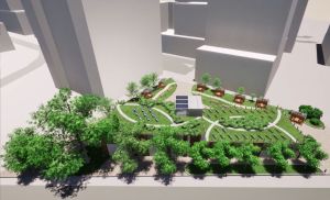 尖沙咀雨水排放系统改善工程会积极采用绿化外观设计及环保建筑物料。图示工程完成后原址重置的花园构想图。