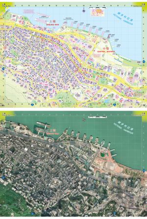 今年的《香港街》，每页地图（上）前均附有相应的正射影像图（下）。图示中环及上环地图。