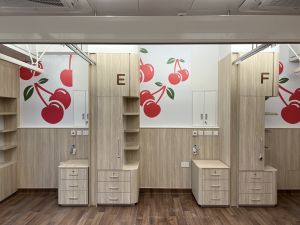 不同楼层设计不同的果实图案，例如车厘子、青苹果等，配以柔和色彩，营造温馨、舒适的氛围。