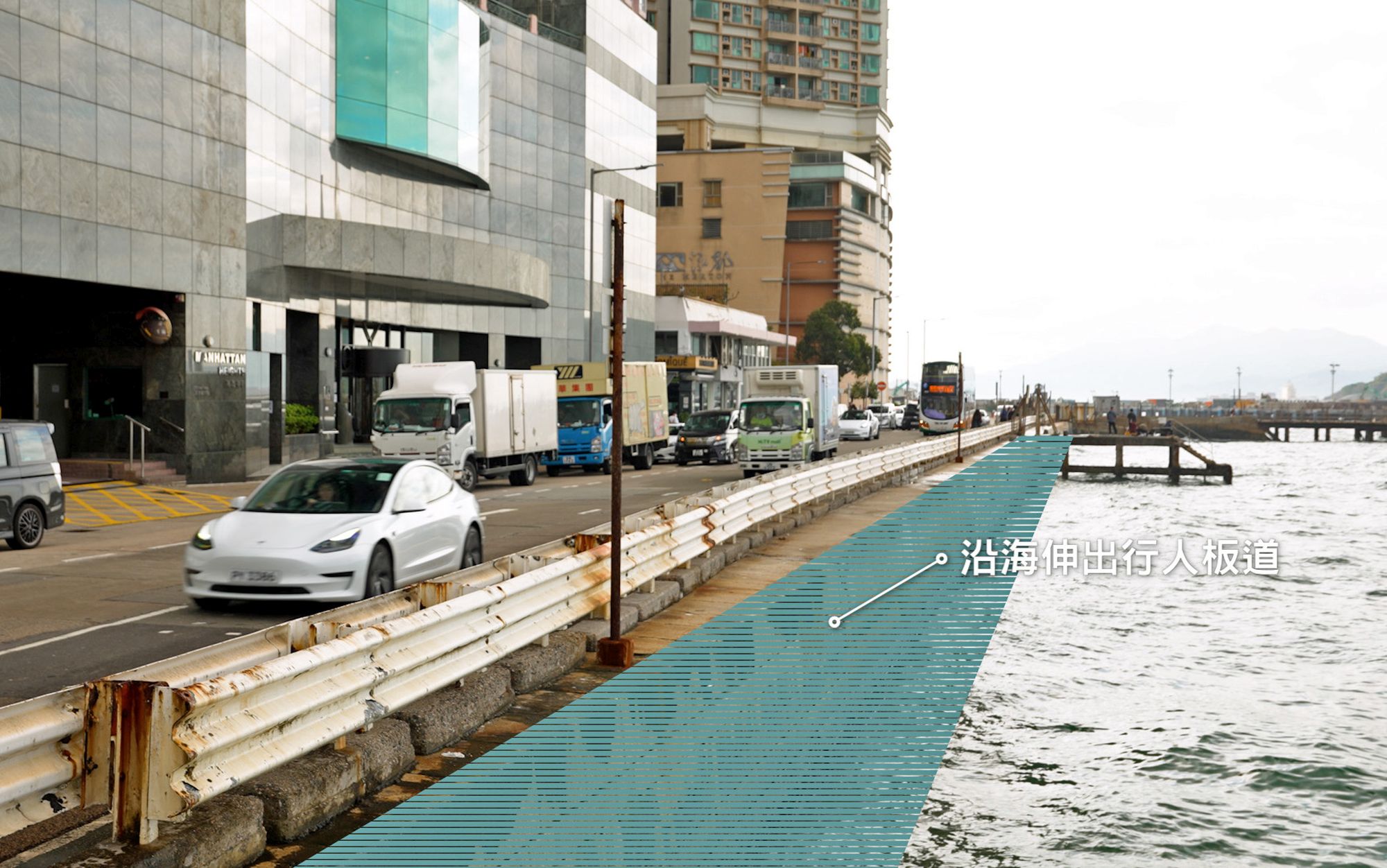 坚尼地城新海旁部分地段增设行人板道的初步构想图。