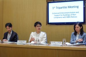 由发展局牵头，屋宇署、民政事务总署和市区重建局（市建局）共同参与的三方常设沟通机制已设立，并于8月9日召开首次会议，加强彼此的协作，跟进各方面的工作。图示发展局副秘书长（规划及地政）蔡梅芬（中）主持会议。