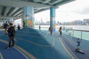 板道西段一共四个主题区已经开放，包括可从多角度欣赏夕阳和维港两岸的海景的「汐·日光之阶 (Sun Wave)」、以海浪为主题的游乐康体空间「淘·童梦之园 (Play Wave)」、接近水面的钓鱼热点「渔·钓鱼平台 (Fish Wave)」和可灵活举办活动的「汇·共融空间 (Gather Wave)」。图示「淘·童梦之园 (Play Wave)」。