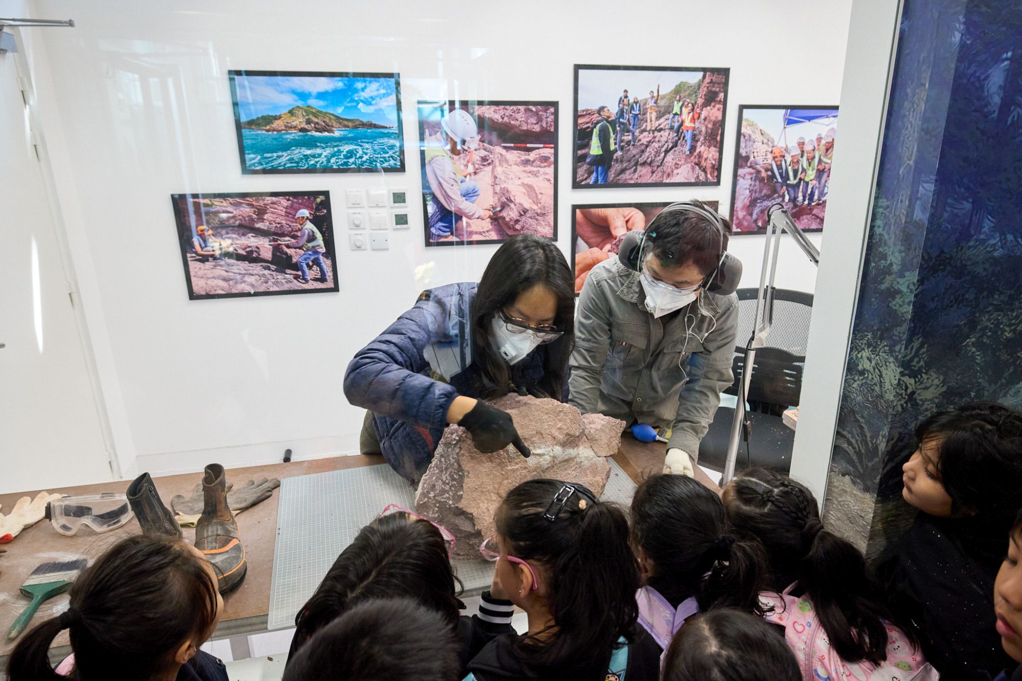 市民观赏赤洲出土的恐龙化石（上）和学校团体观看专家和工作人员清修恐龙化石（下）。