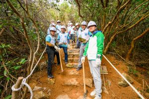 土木工程拓展署署长方学诚（上图左一）与市民及部门义工队亲身参与建造行山径，打造每一道石级，以手作步道方式兴建行山径。下图为完成后的行山径。