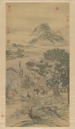 图示缂丝李白《春夜宴桃李园序》立轴，展现唐代文人风雅生活。