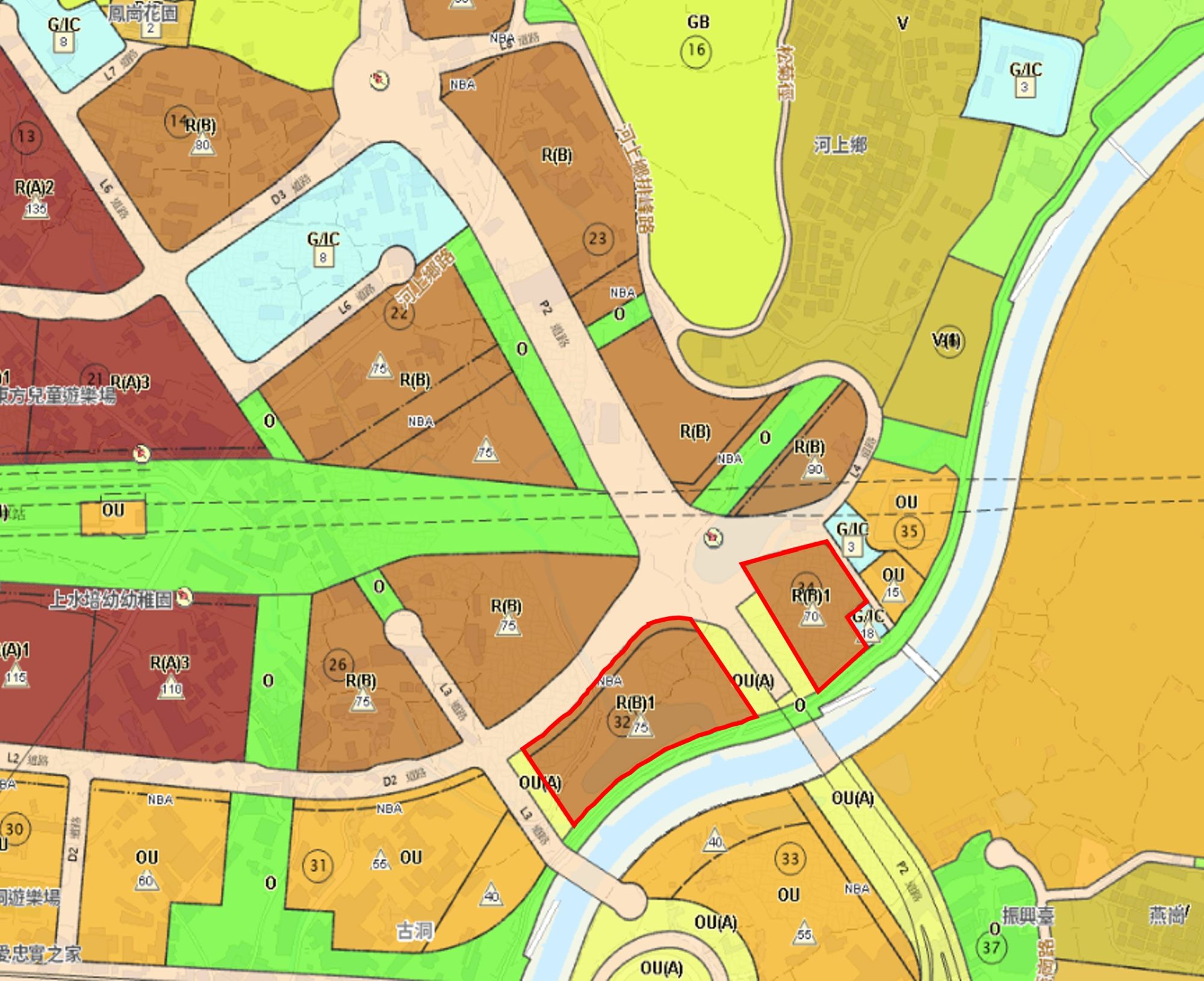 《行政长官2025年施政报告》提出在北部都会区古洞北及粉岭北新发展区预留三幅土地让市区重建局筹划兴建新楼，作为将来「楼换楼」的替代单位。图示古洞北第32及34区两幅土地（图中红线范围）。