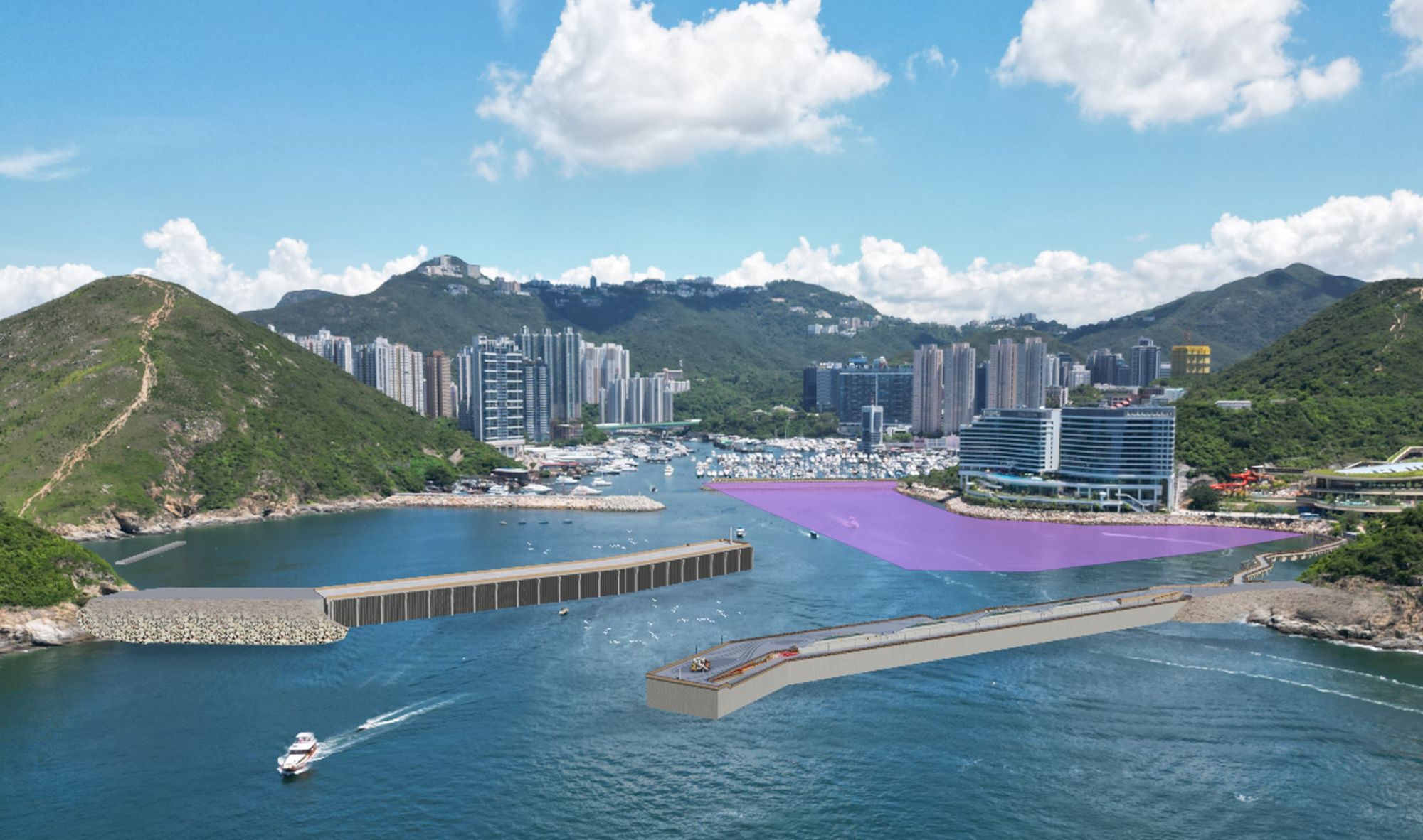 为配合香港未来游艇经济的发展，发展局正牵头推动前南丫石矿场、香港仔避风塘扩建部分及红磡站临海用地三个项目，预计将可合共提供约600个新游艇泊位。图示香港仔避风塘扩建部分构想图。