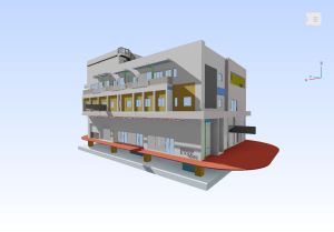 建筑署于「缸瓦甫警察训练设施」项目中，应用不同的BIM软件进行设计建模、生成施工图、侦测问题，以及计算建筑成本，按工序选用最适切的工具，提升设计效率。图示缸瓦甫警察训练设施的BIM模型。