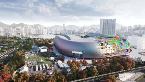 启德体育园主场馆项目工程汇聚来自八个地区、超过140间公司参与设计及施工。工程团队运用不同专业软件进行设计、施工与生产，在共通的openBIM平台上整合不同的BIM技术，大幅提升设计阶段的效率，更使团队间设计与审批流程节省了80%的时间。图示启德体育园主场馆BIM模型。