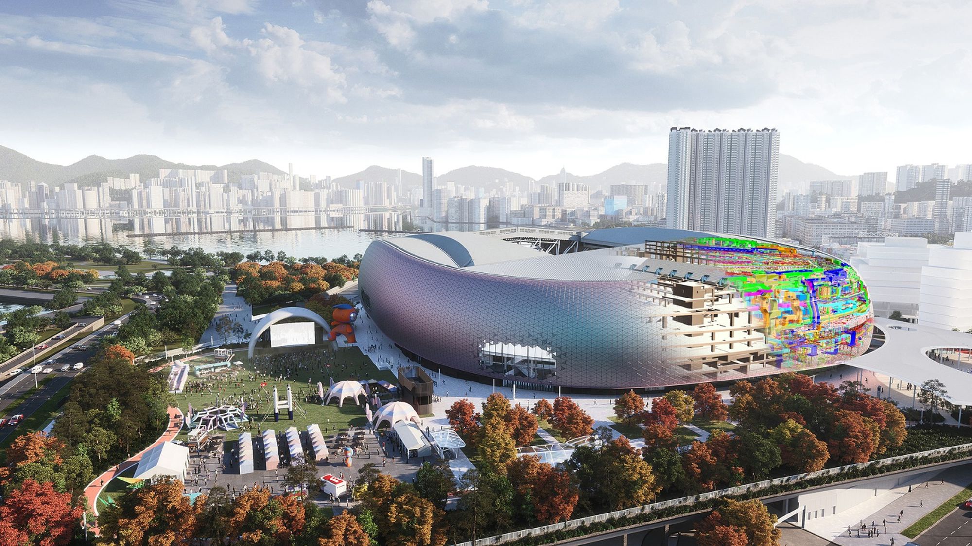 启德体育园主场馆项目工程汇聚来自八个地区、超过140间公司参与设计及施工。工程团队运用不同专业软件进行设计、施工与生产，在共通的openBIM平台上整合不同的BIM技术，大幅提升设计阶段的效率，更使团队间设计与审批流程节省了80%的时间。图示启德体育园主场馆BIM模型。