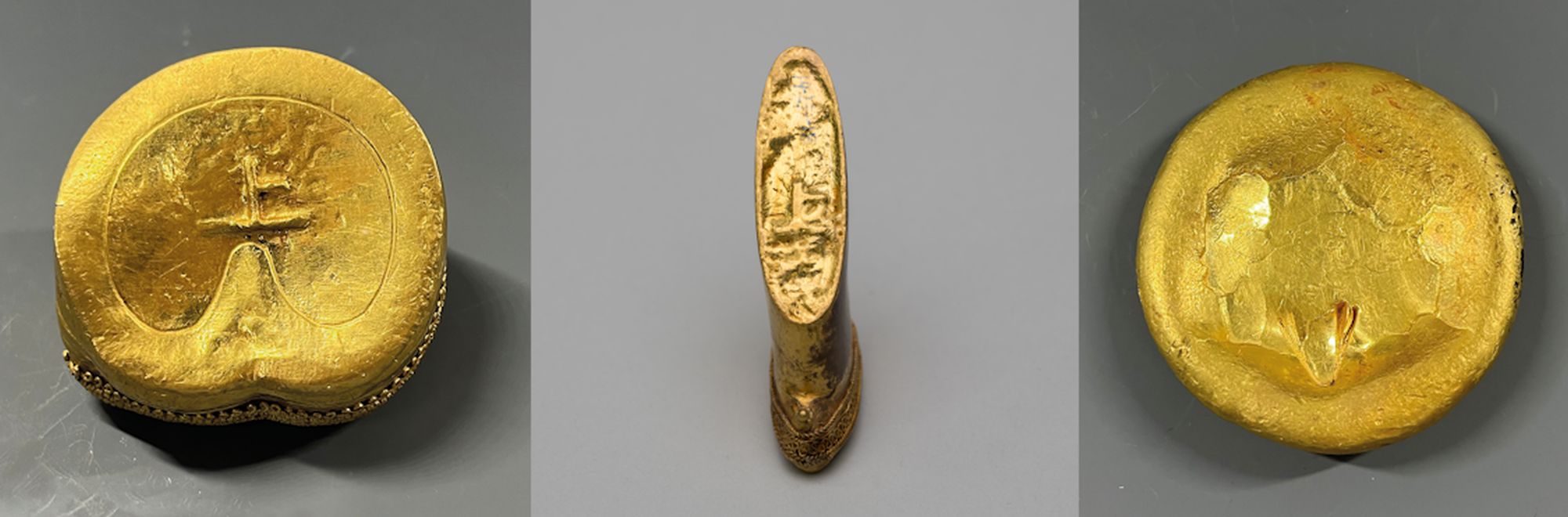 江西海昏侯墓出土的金器，有褭蹏金（左）、麟趾金（中）及金饼（右）。（南昌汉代海昏侯国遗址博物馆藏）