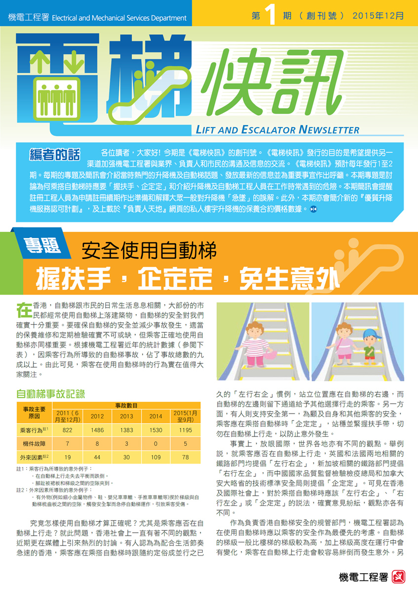 機電工程署早年已教育市民安全使用自動梯，「握扶手，企定定，免生意外。」