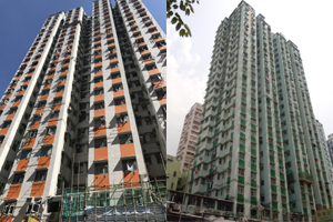 荃灣安康大廈參加了「樓宇更新大行動」，左圖是維修後的外牆，煥然一新。