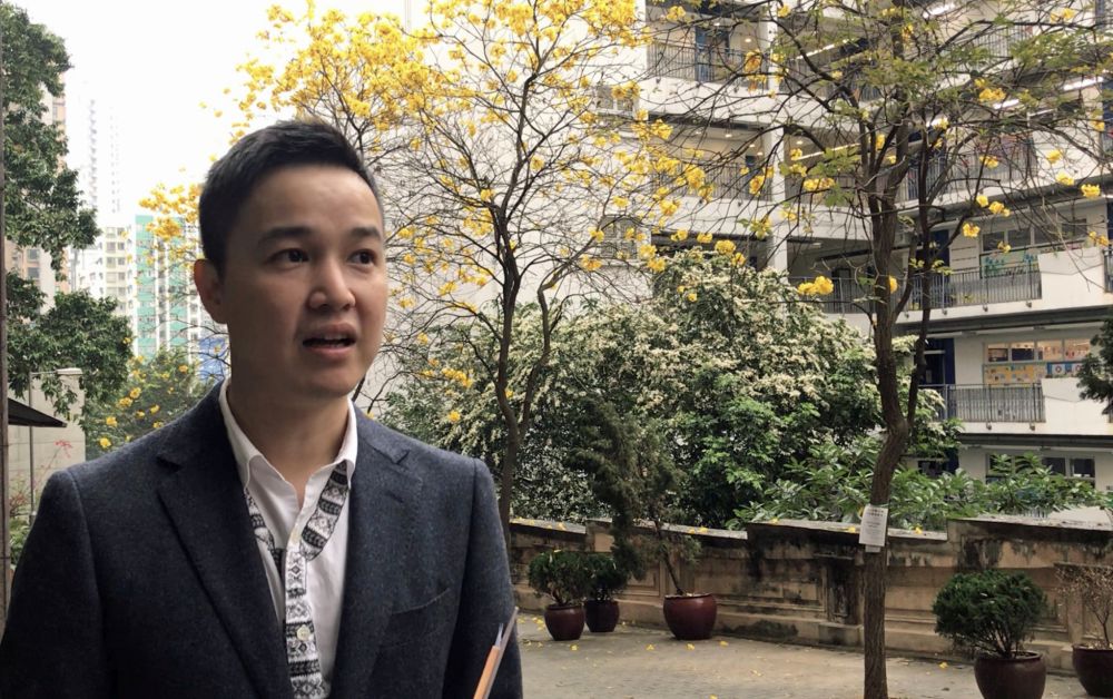 鄧立明介紹上環儒林臺附近種植的黃花風鈴木。